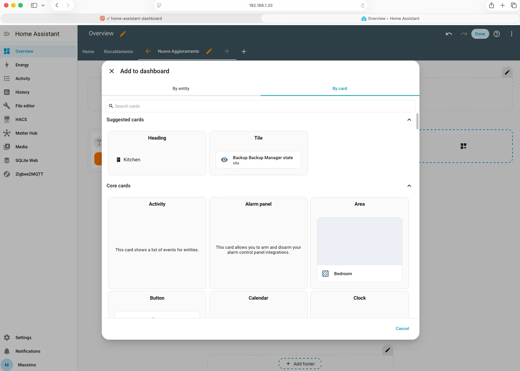 Tab By card nel dialog Add to dashboard di Home Assistant: metodo classico di aggiunta per tipo di card