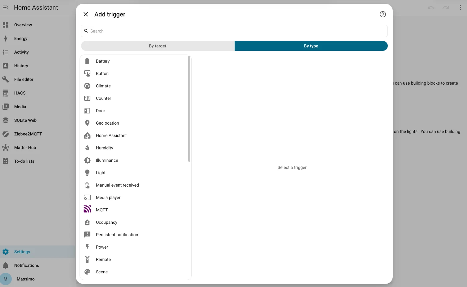 Tab By type dell'editor trigger di Home Assistant con elenco per categoria tecnica