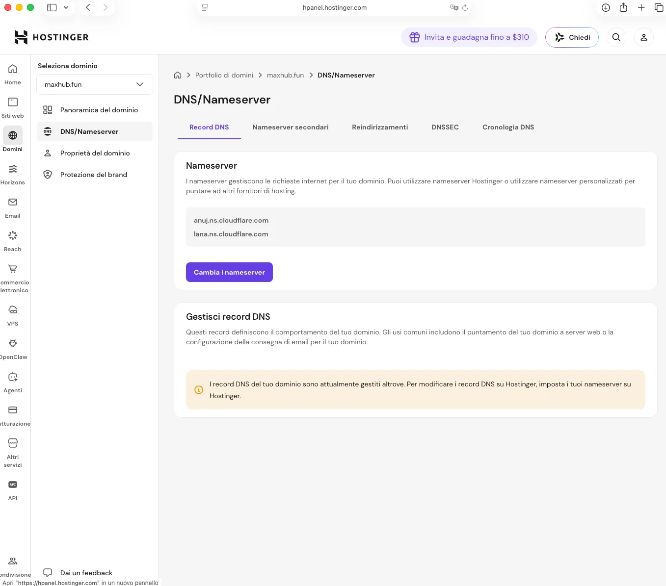 I due nameserver Cloudflare da inserire nel pannello del proprio registrar