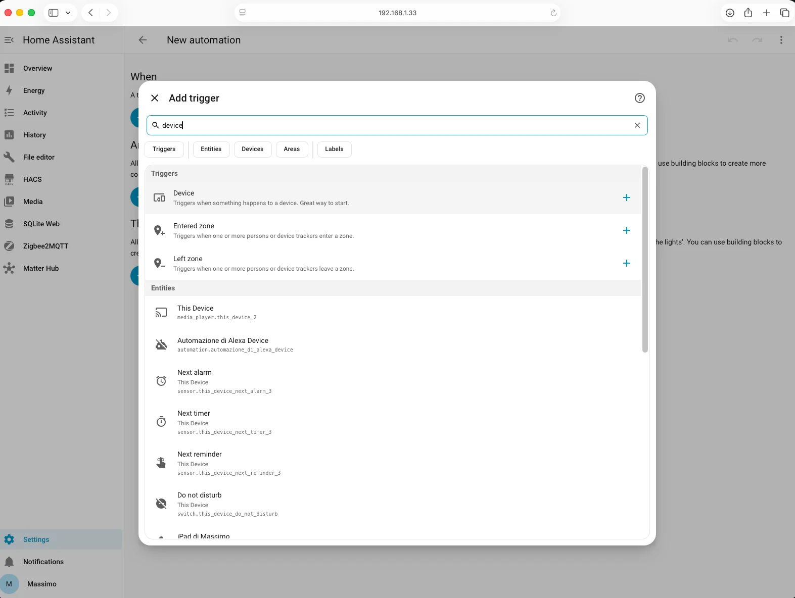 Selezione trigger Dispositivo nell'editor automazioni