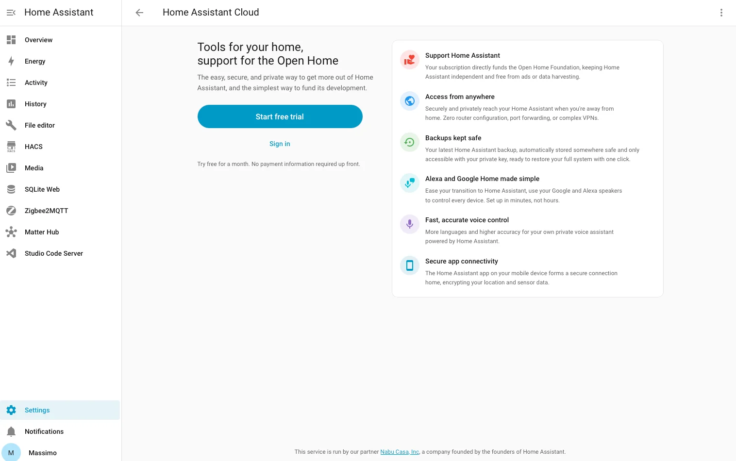 Pagina di Home Assistant Cloud nelle impostazioni, con accesso remoto, backup e integrazione con Alexa e Google Home