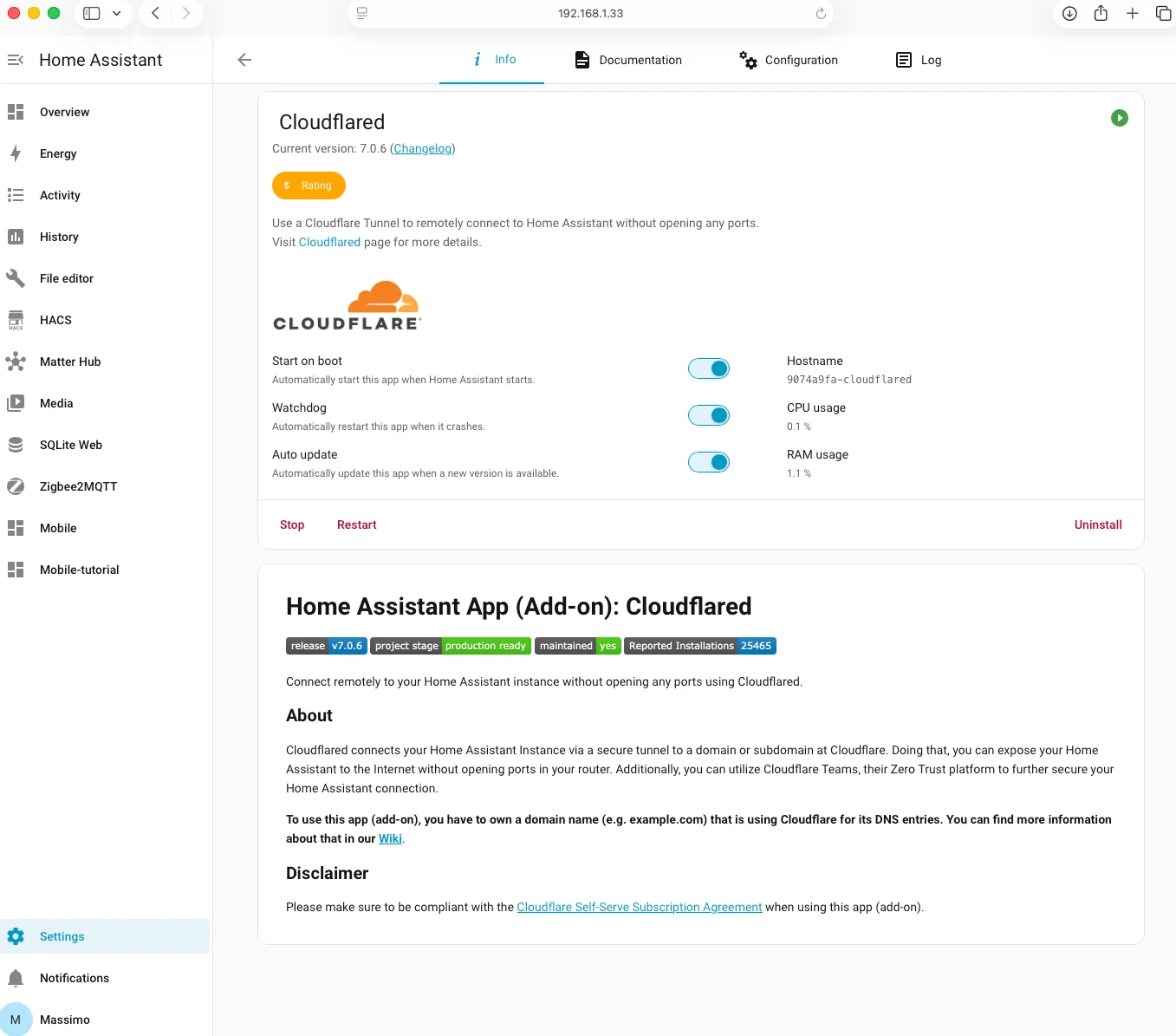 L'applicazione Cloudflared pronta per l'installazione nel pannello App di Home Assistant
