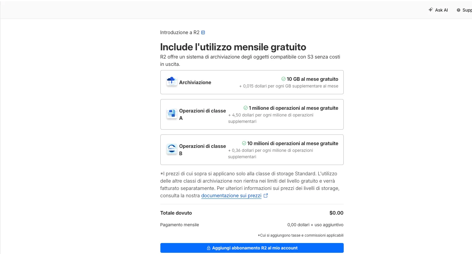 Pannello R2 di Cloudflare con il pulsante Create bucket per creare la destinazione dei backup