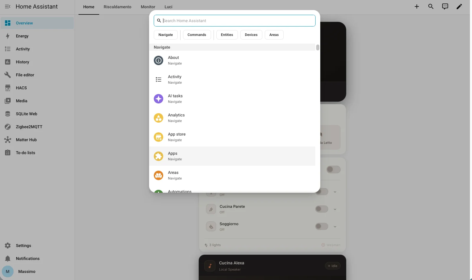 Quick Search di Home Assistant aperta con Ctrl+K