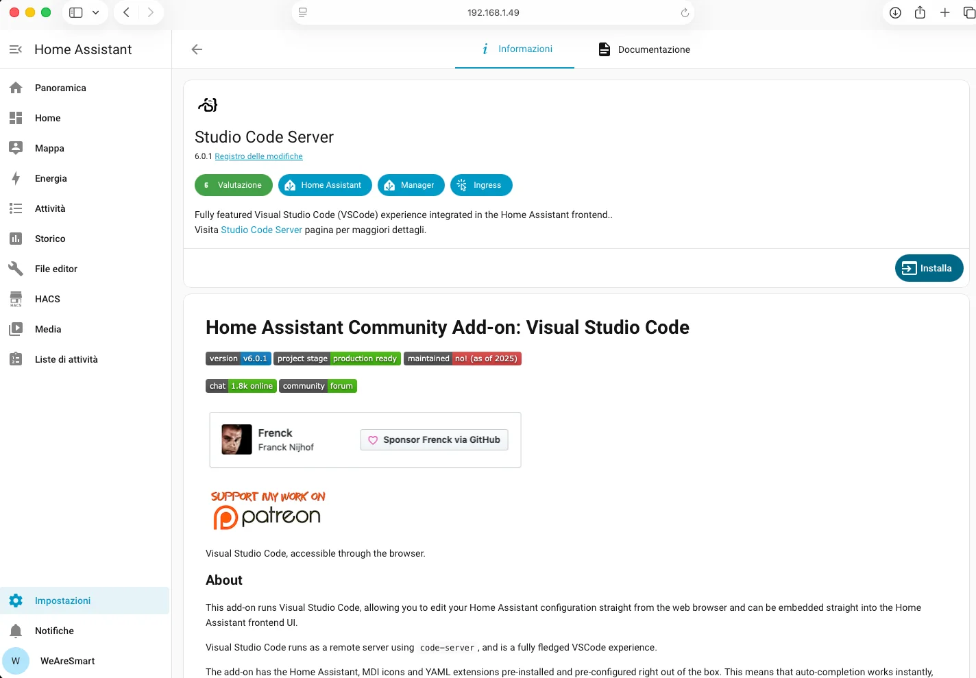 Scheda di Studio Code Server nello store app di Home Assistant con badge non manutenuto