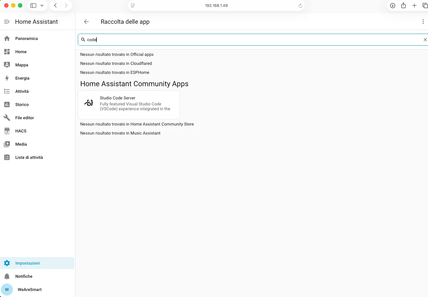 Studio Code Server trovato nello store di Home Assistant dopo aver aggiunto il repository community