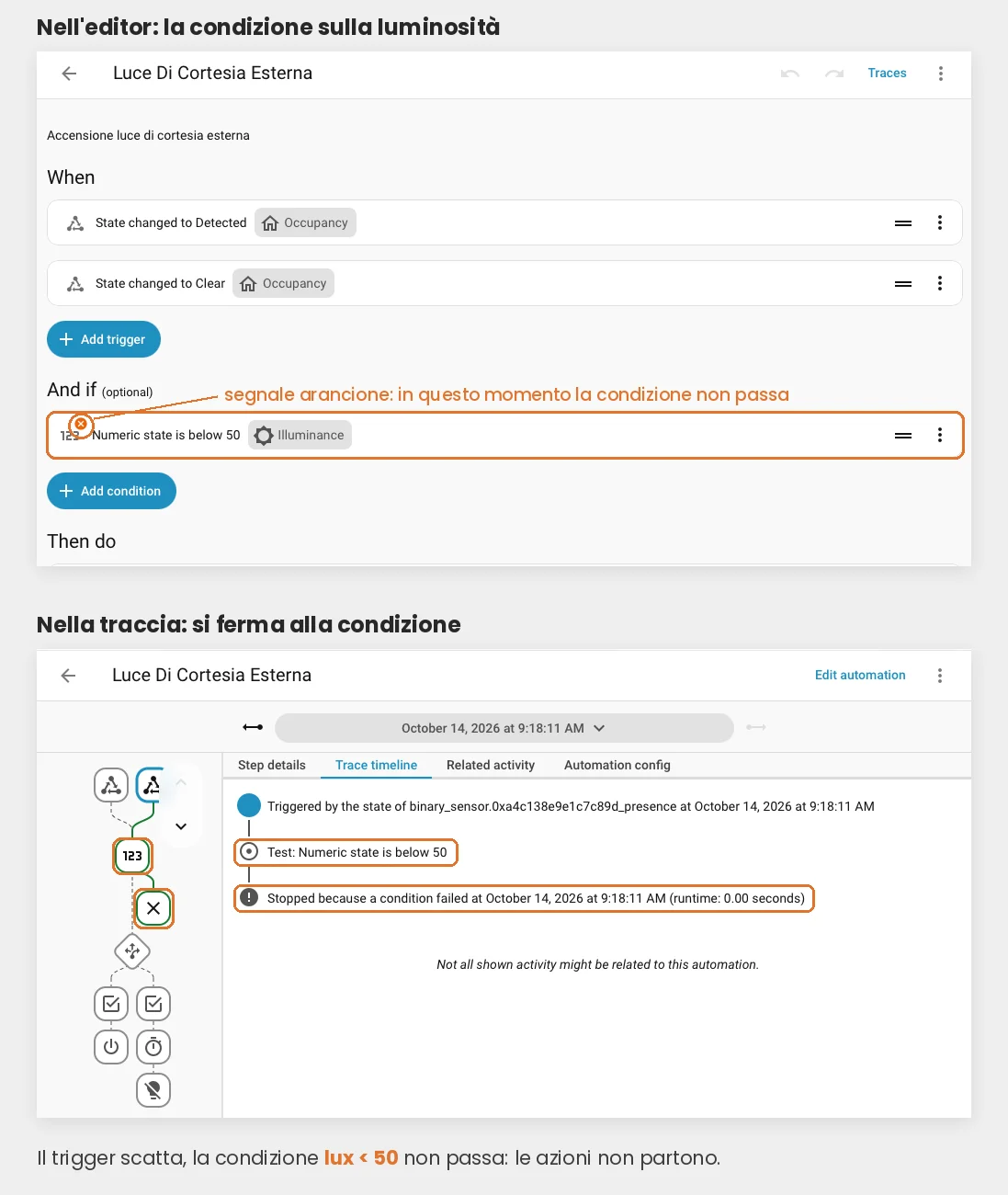 Condizione sulla luminosità nell'editor e traccia di Home Assistant che si ferma alla condizione