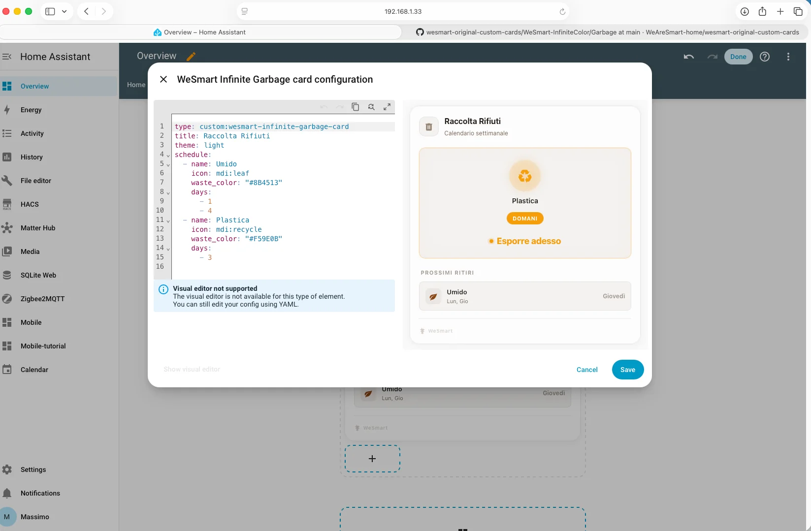 Configurazione YAML WeSmart Garbage Card
