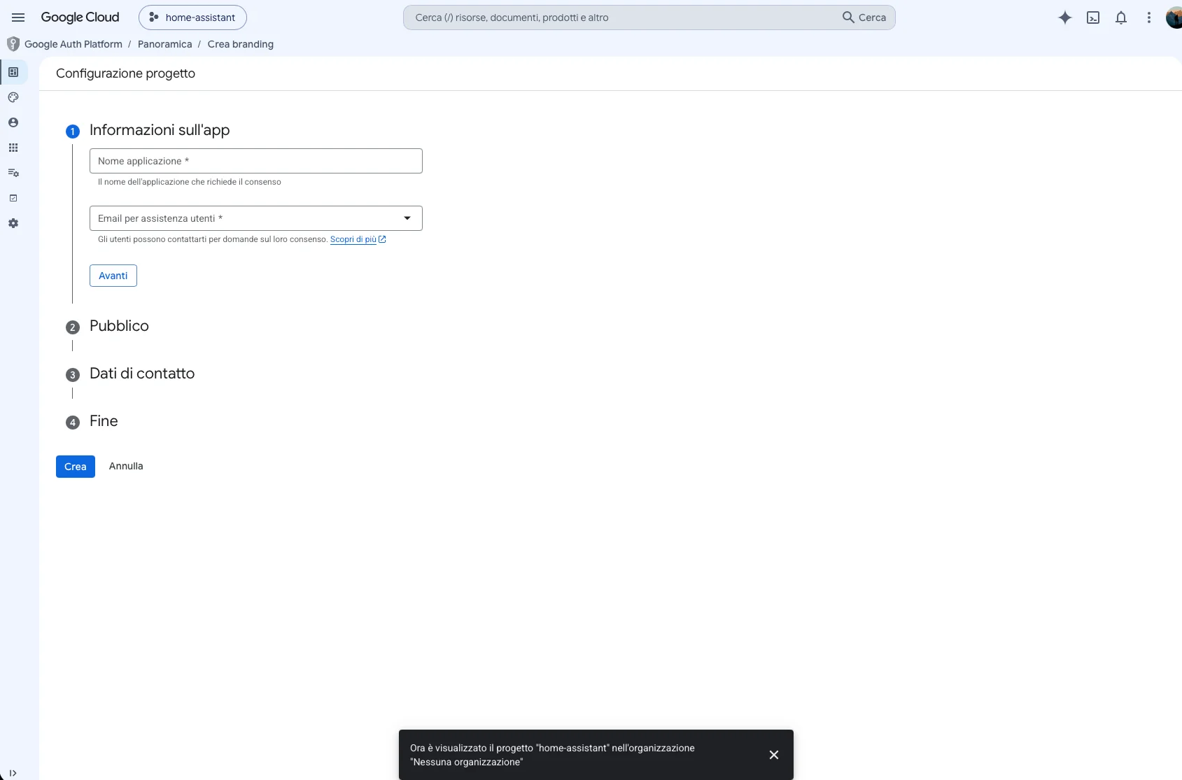 Schermata di configurazione del progetto in Google Cloud Console con nome, email e tipo utente Esterno