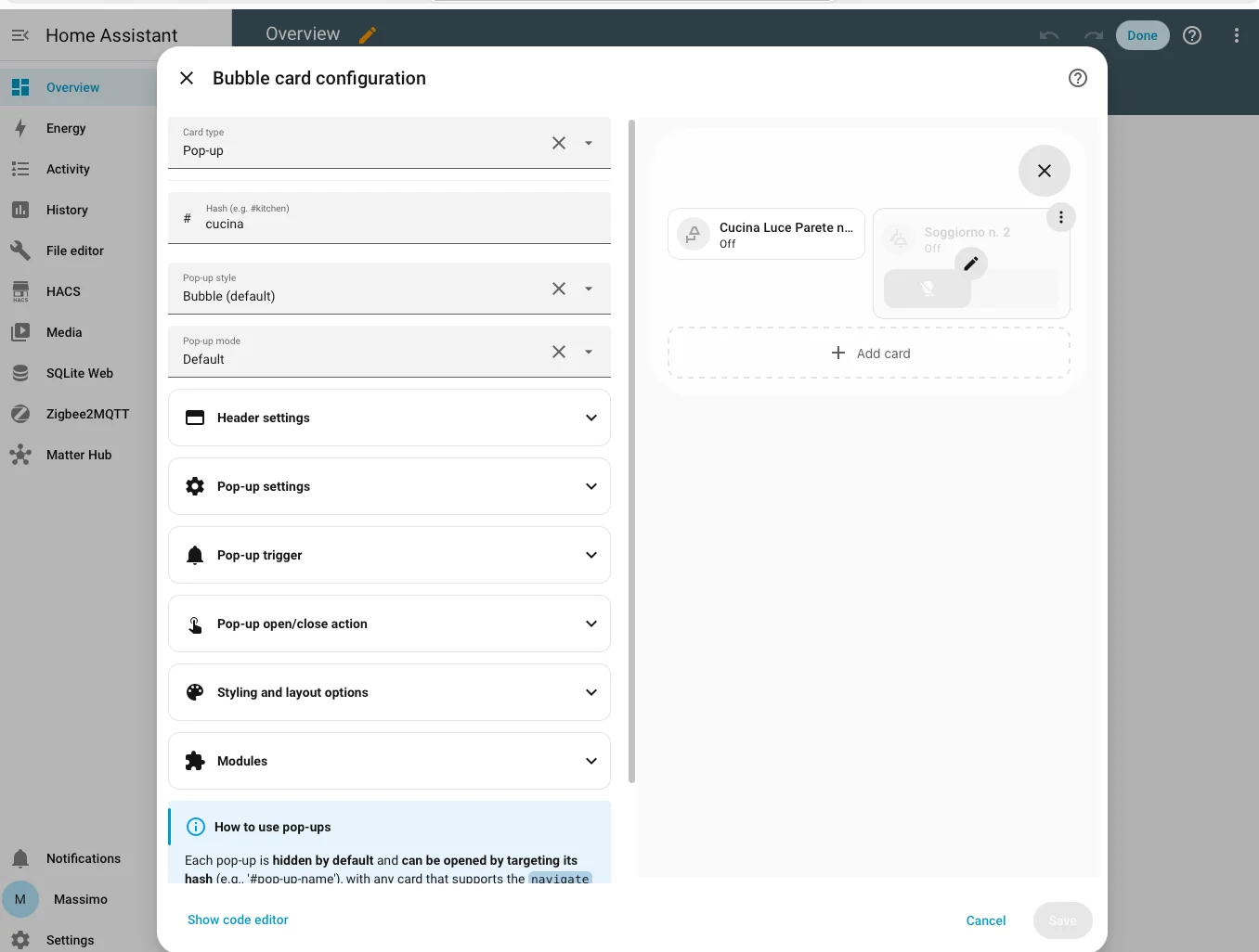 Editor Bubble Card con sezioni Header, Pop-up settings, Trigger, Styling e Modules