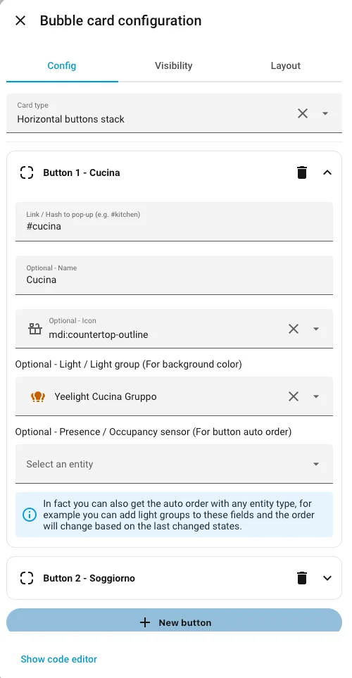 Configurazione della horizontal buttons stack, pulsante Cucina con collegamento al pop-up