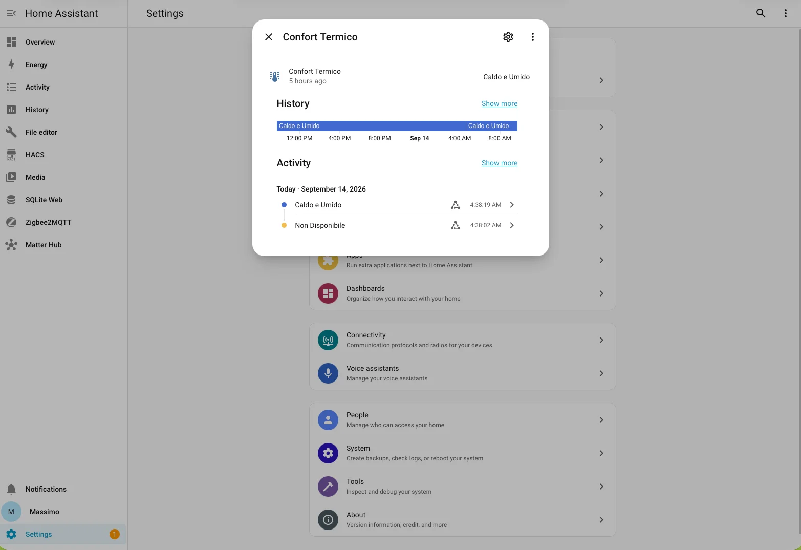 Storico dell'entità Confort Termico, passaggio da Non disponibile a Caldo e Umido
