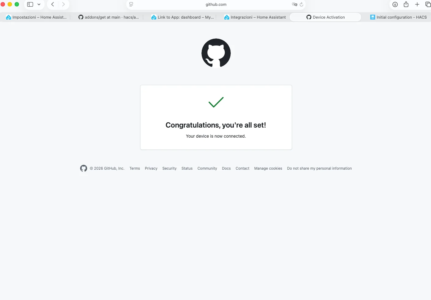 Schermata GitHub 'Congratulations, you're all set!' — dispositivo HACS collegato con successo