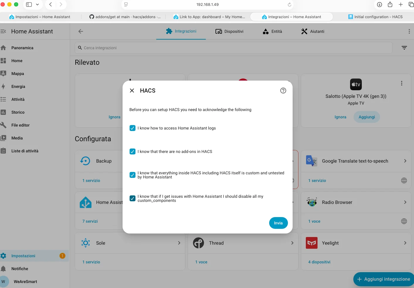 Schermata consensi HACS: quattro checkbox da spuntare prima della configurazione iniziale