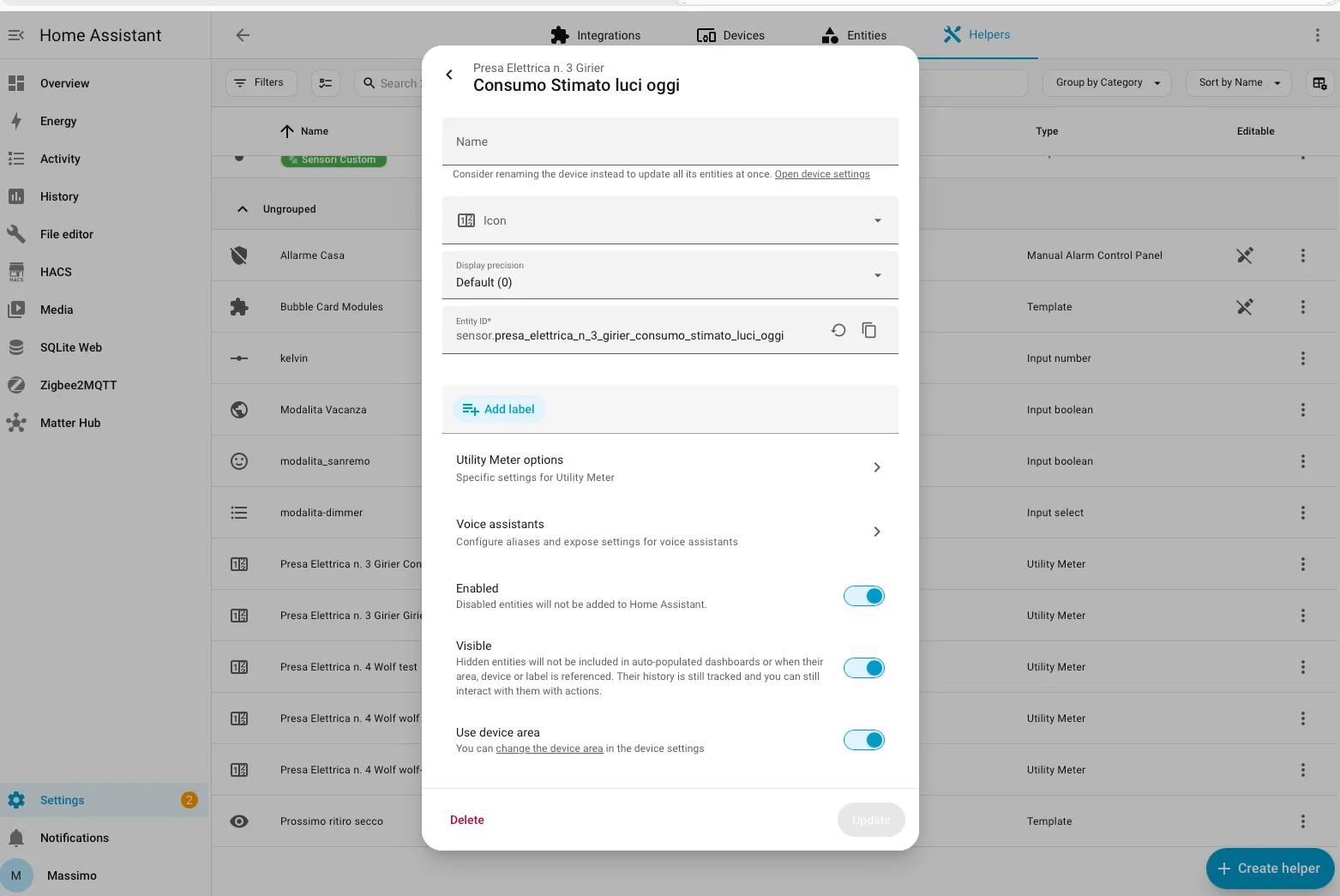 Helper Utility Meter in Home Assistant con l'entità del consumo stimato luci della presa Girier