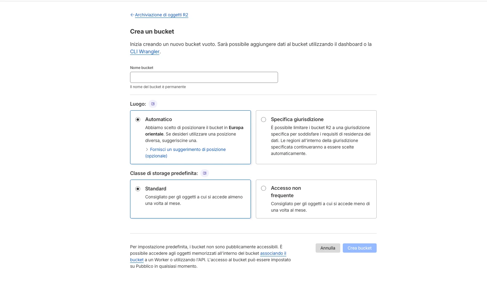 Schermata di creazione del bucket R2 su Cloudflare con nome e region