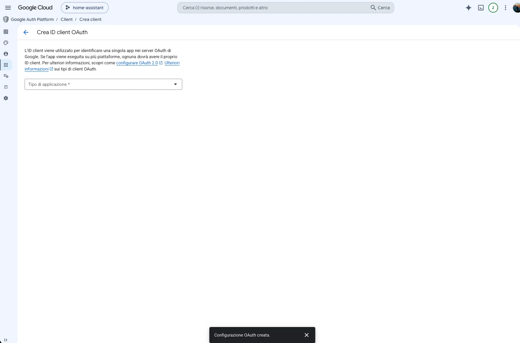 Schermata di creazione del client OAuth con tipo Applicazione web selezionato