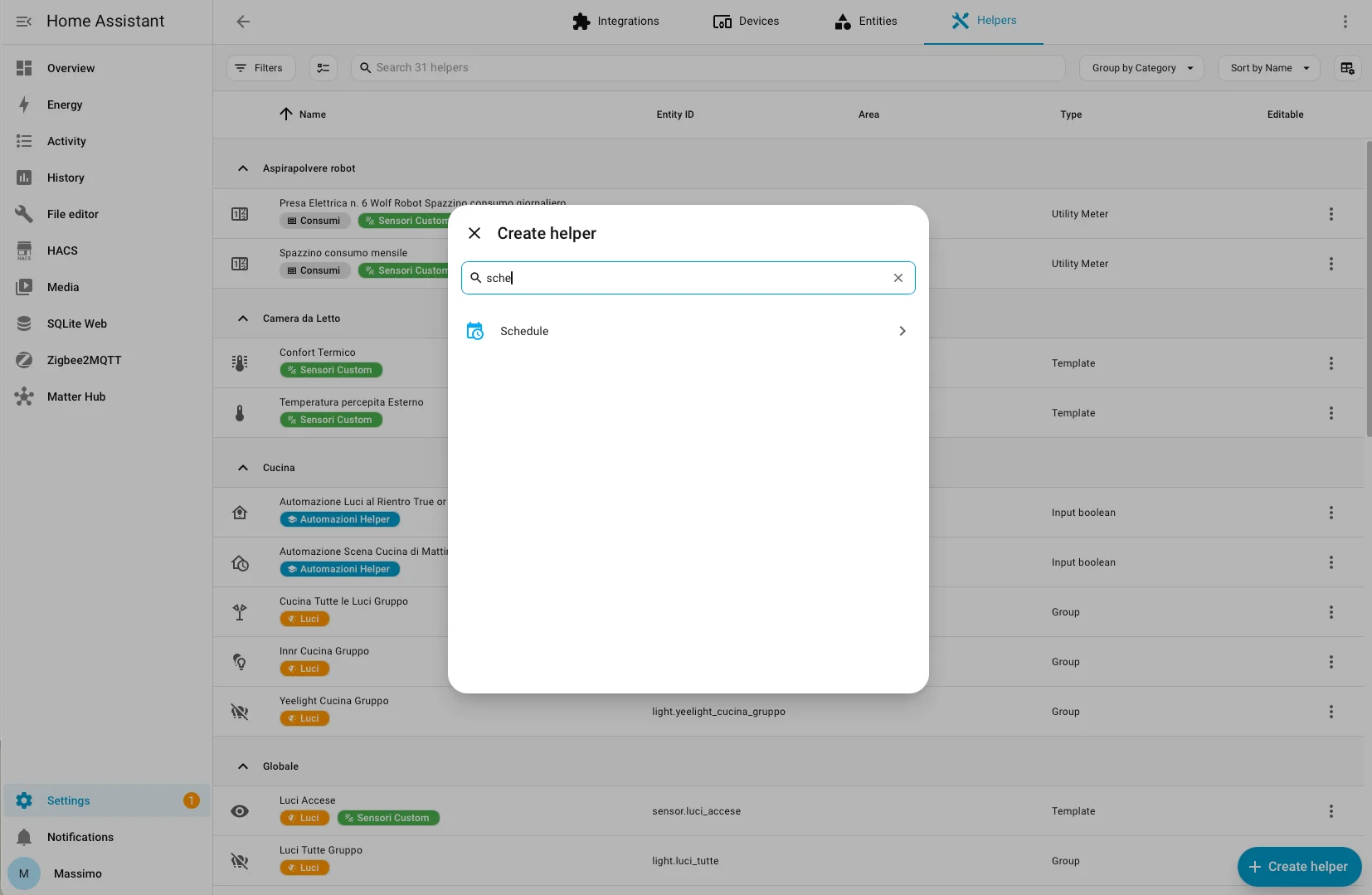 Ricerca sche nel menu Create helper di Home Assistant, con il risultato Schedule