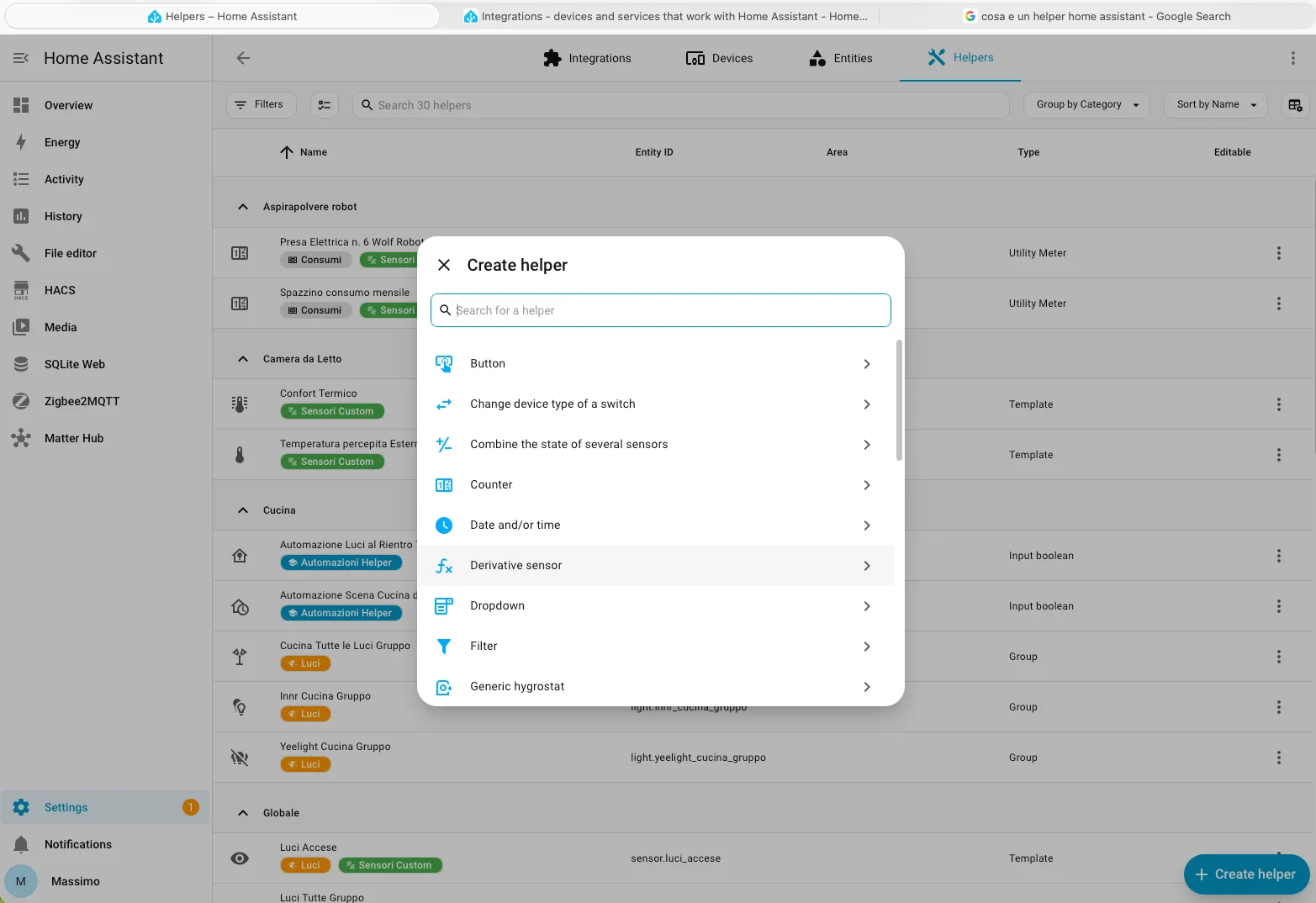 Finestra Crea helper con l'elenco dei tipi disponibili