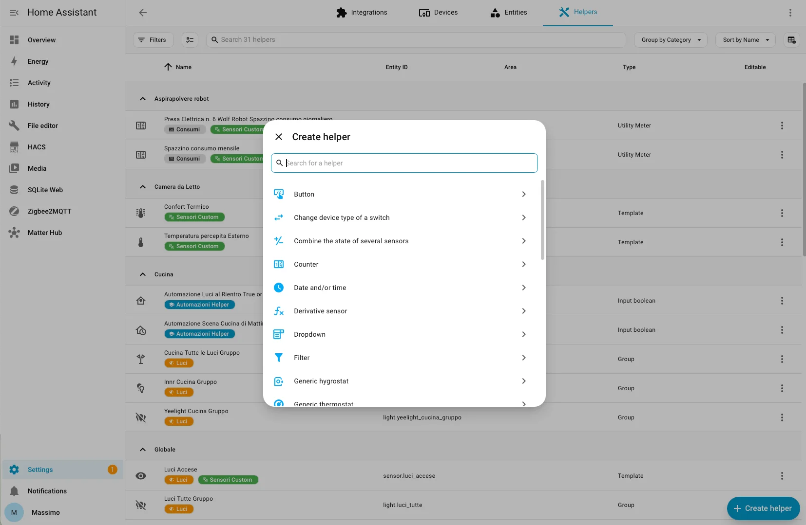Menu Create helper di Home Assistant con l'elenco dei tipi di helper disponibili