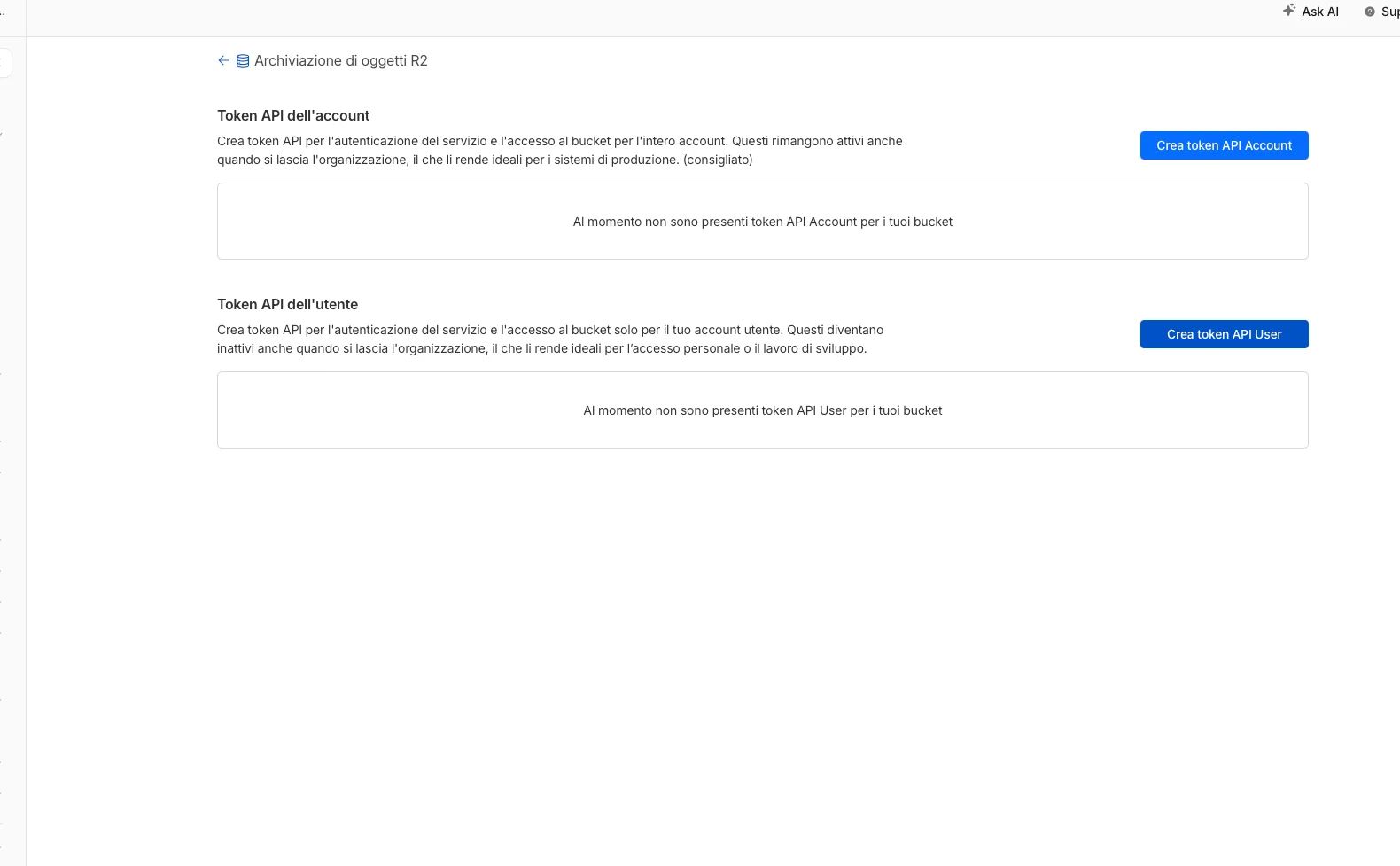 Creazione del token API Cloudflare R2 con permessi limitati al bucket specifico