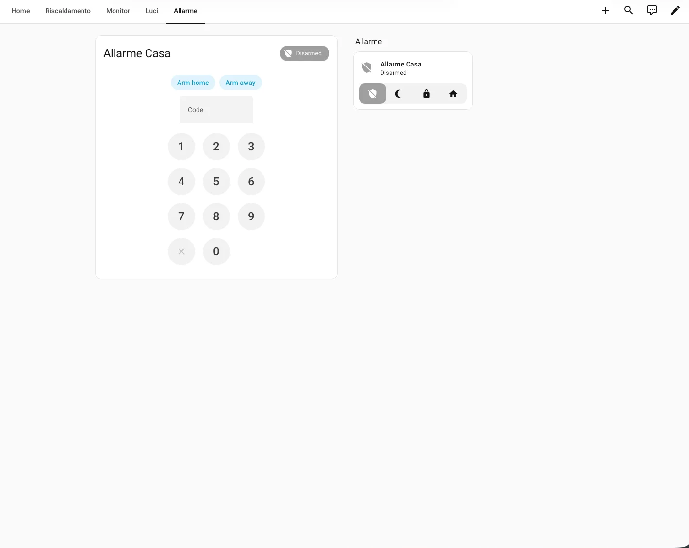 Dashboard Allarme Casa in Home Assistant con card estesa e card compatta, stato disarmed