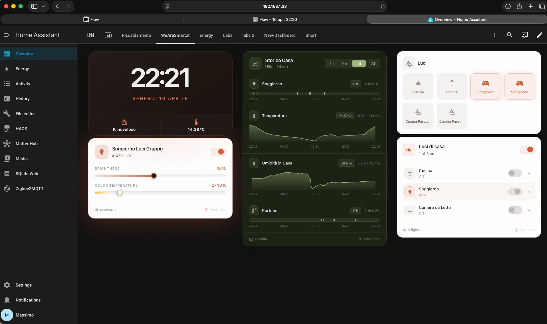 Dashboard Home Assistant con dispositivi di esempio