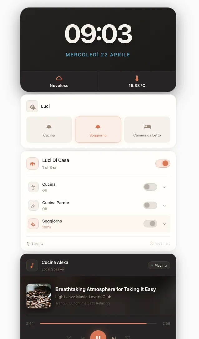Dashboard Home Assistant mobile con Companion App — luci, musica e controllo stanze