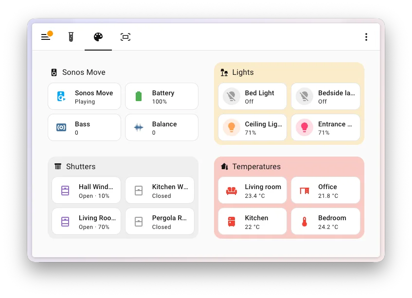 Sezioni del dashboard Home Assistant con colori di sfondo diversi