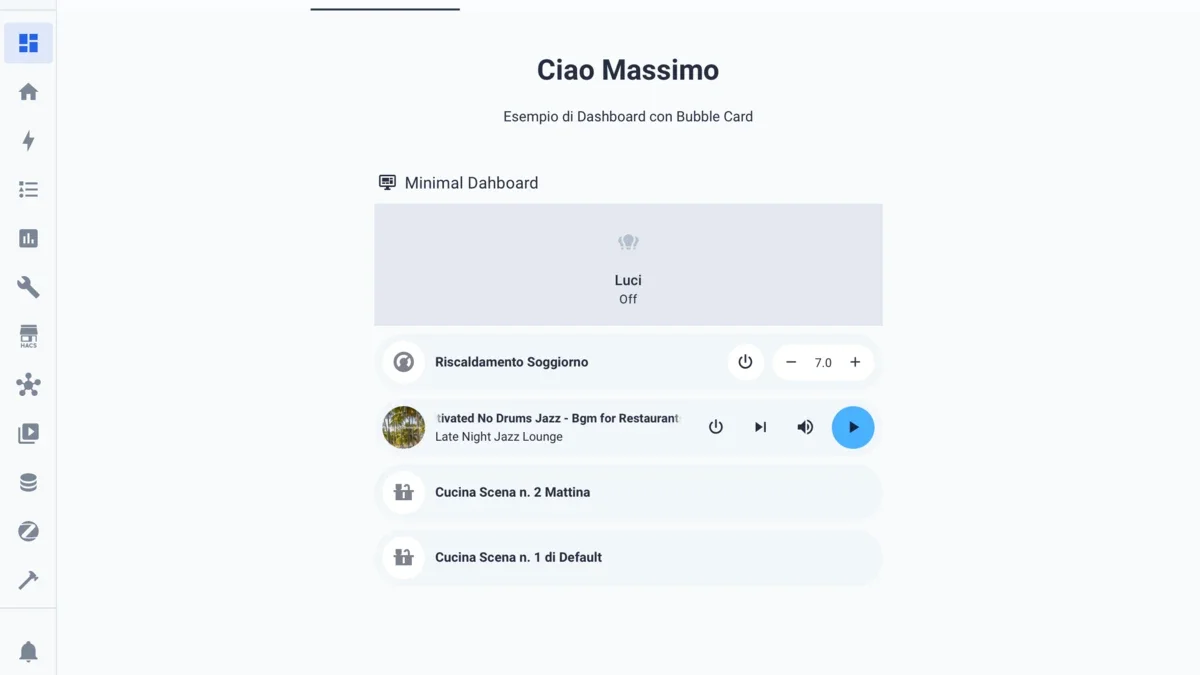 Dashboard di esempio Bubble Card per il soggiorno