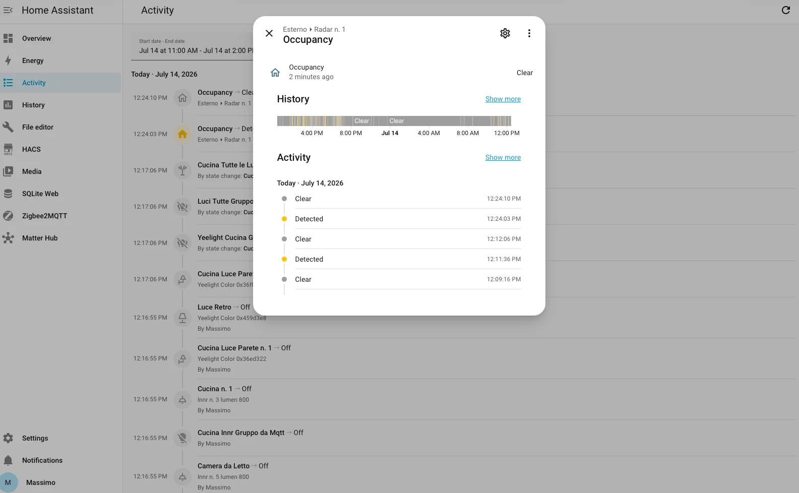 Scheda dell'entità aperta cliccando una voce della timeline Attività di Home Assistant