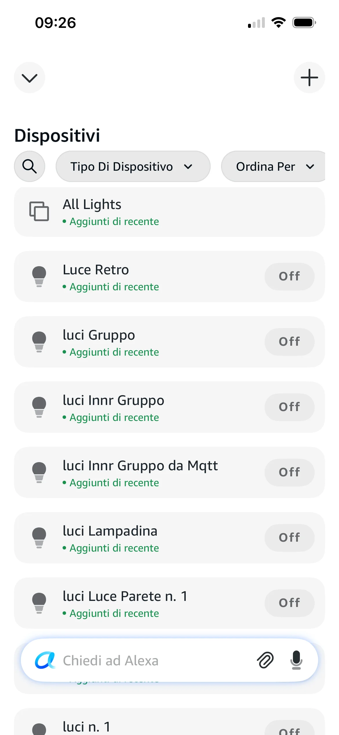 Dispositivi di Home Assistant visibili nell'app Alexa