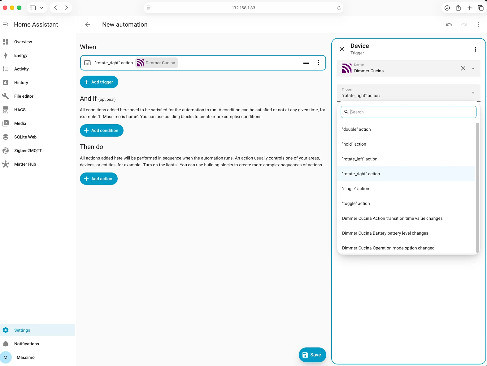 Knob selezionato come device trigger con dropdown azioni