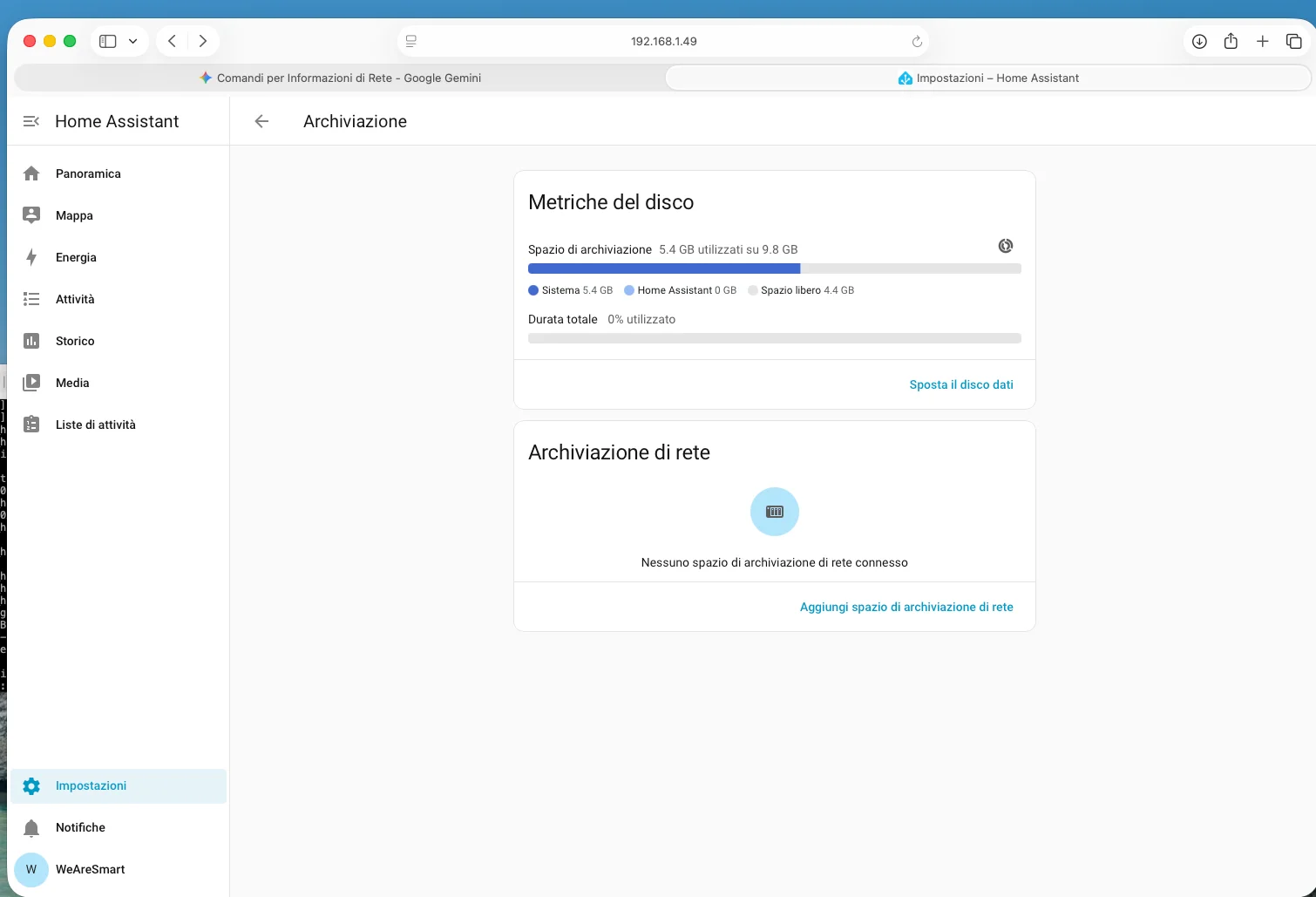 Pannello Archiviazione nelle impostazioni di sistema UTM con il volume dati di Home Assistant pronto per essere spostato sul nuovo disco NVMe