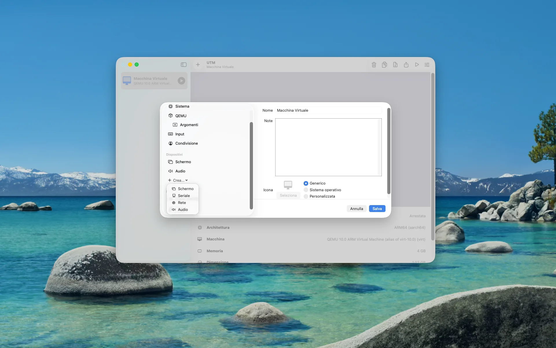 Pannello impostazioni UTM con il menu Crea aperto che mostra le opzioni Schermo, Seriale, Rete, Audio — selezionare Seriale