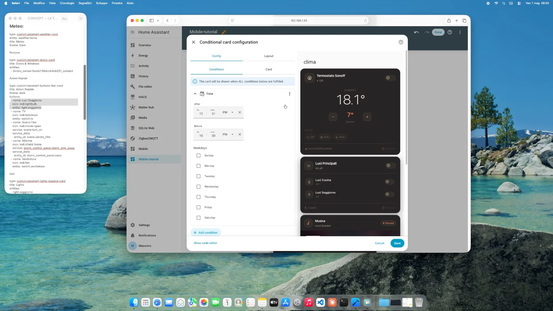 La stessa struttura con WeSmart Cards: tema scuro, design minimal, perfetto per il mobile notturno