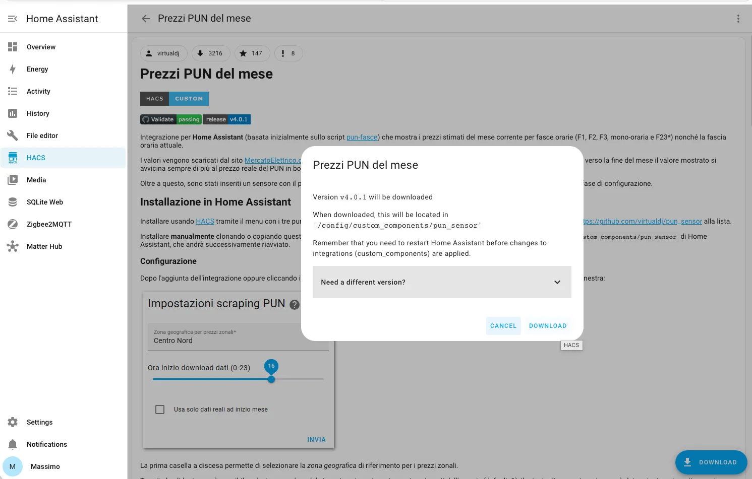 Aggiunta del repository personalizzato pun_sensor in HACS