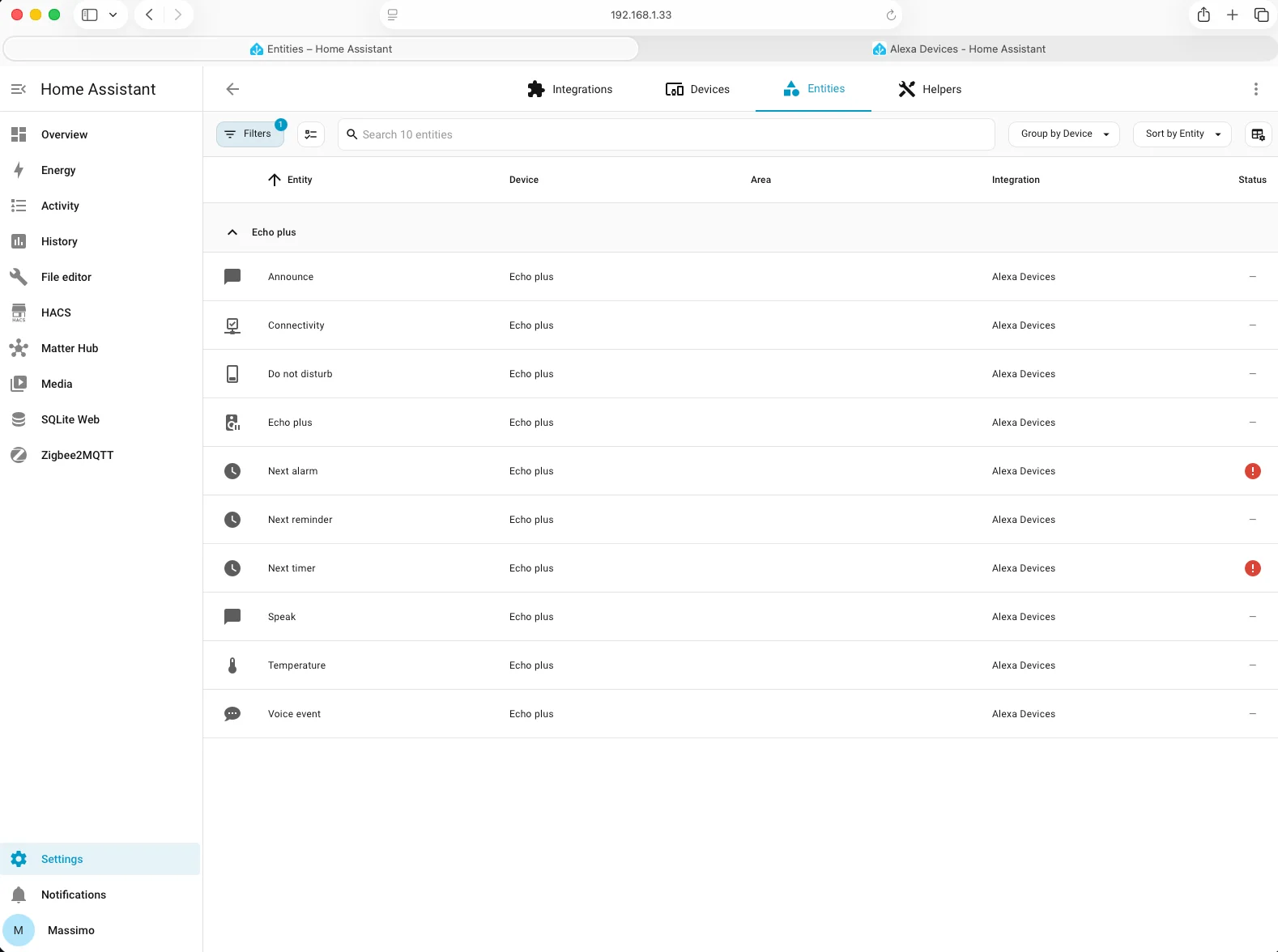 Entità create in Home Assistant per l'Echo Plus tramite Alexa Devices