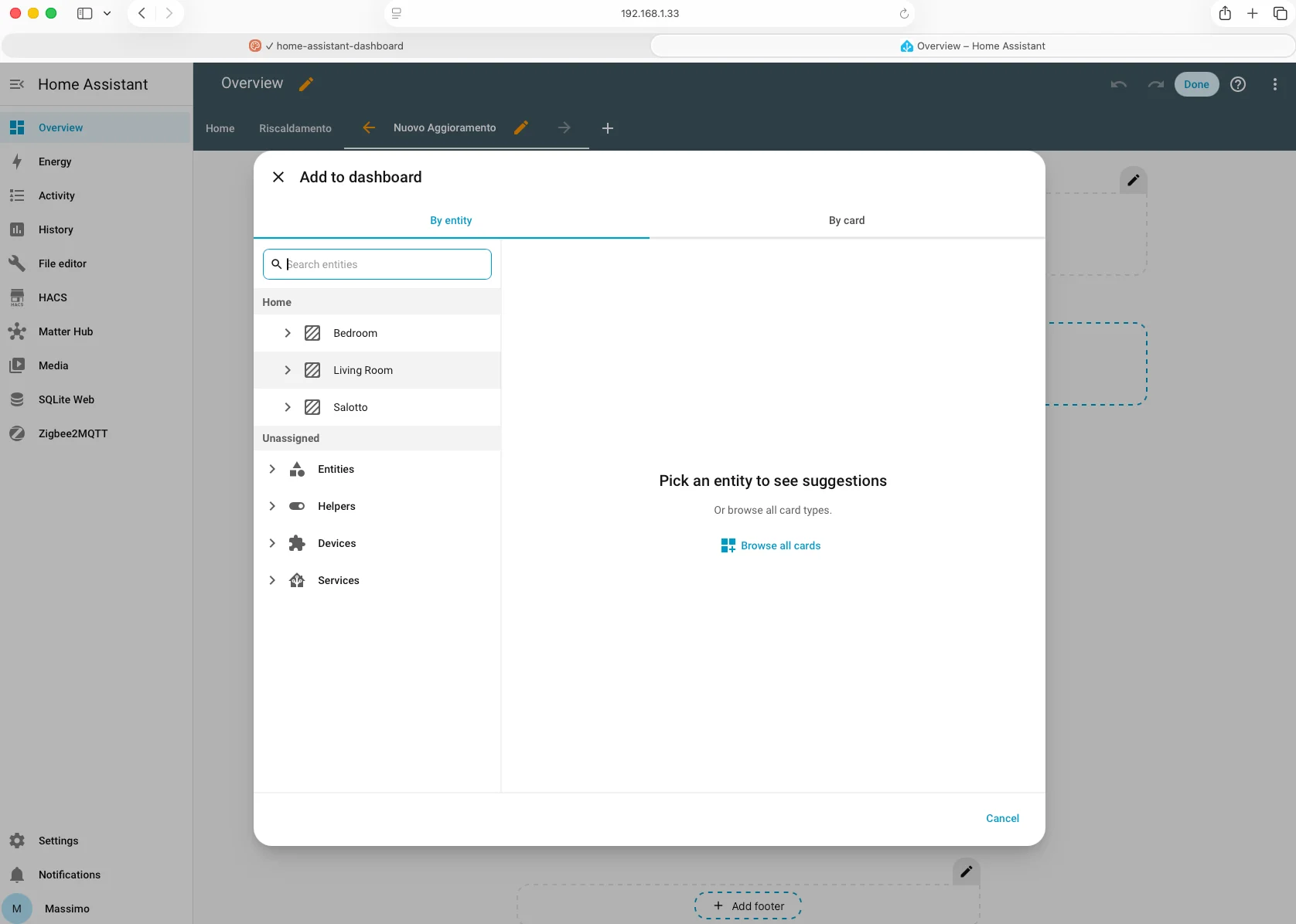 Nuovo editor aggiunta card Home Assistant 2026.6 con tab By entity e struttura Home a sinistra
