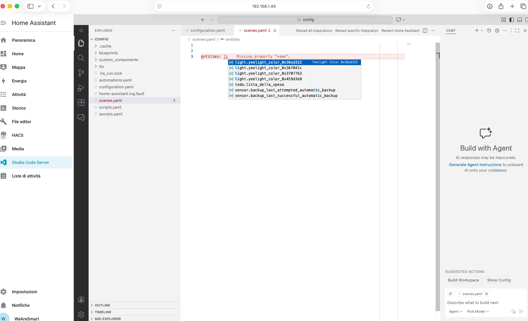 Autocompletamento entità di Home Assistant in Studio Code Server mentre si scrive YAML