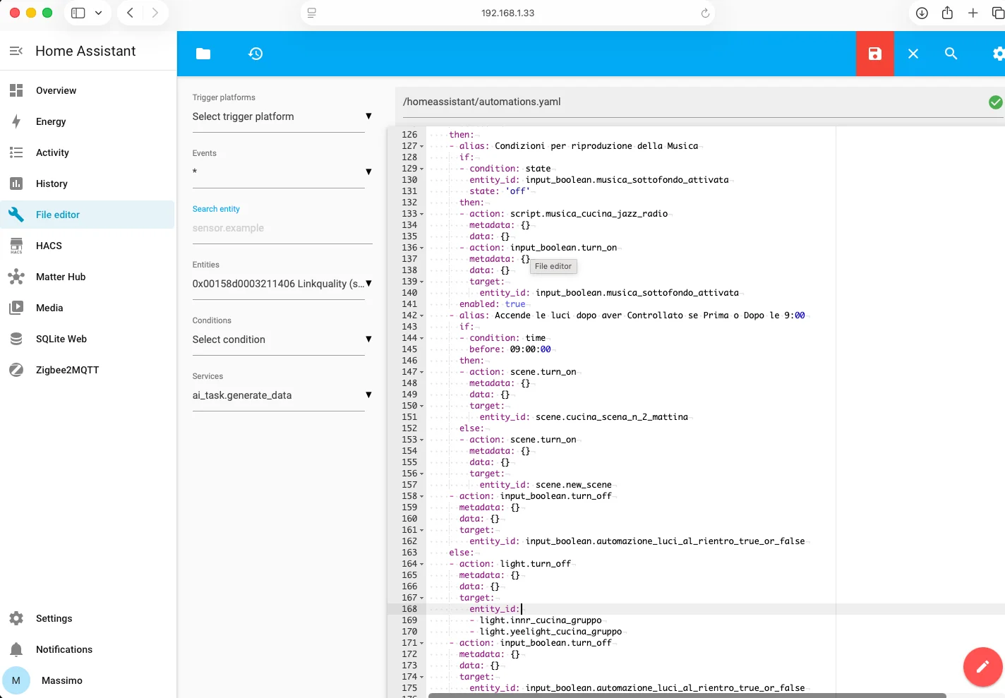 Schermata di File Editor con un file YAML aperto su Home Assistant