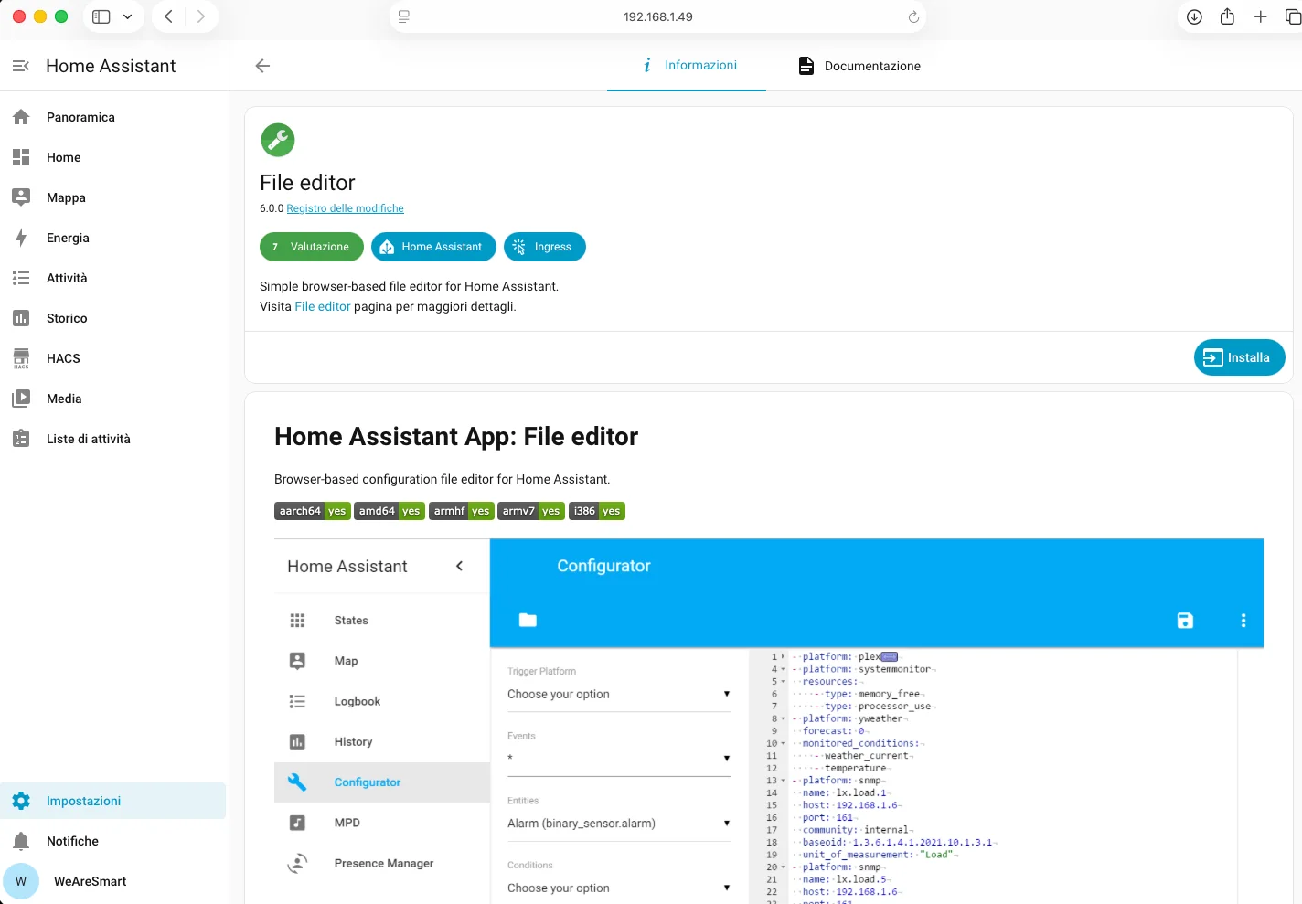 Scheda di File Editor con le opzioni di installazione su Home Assistant