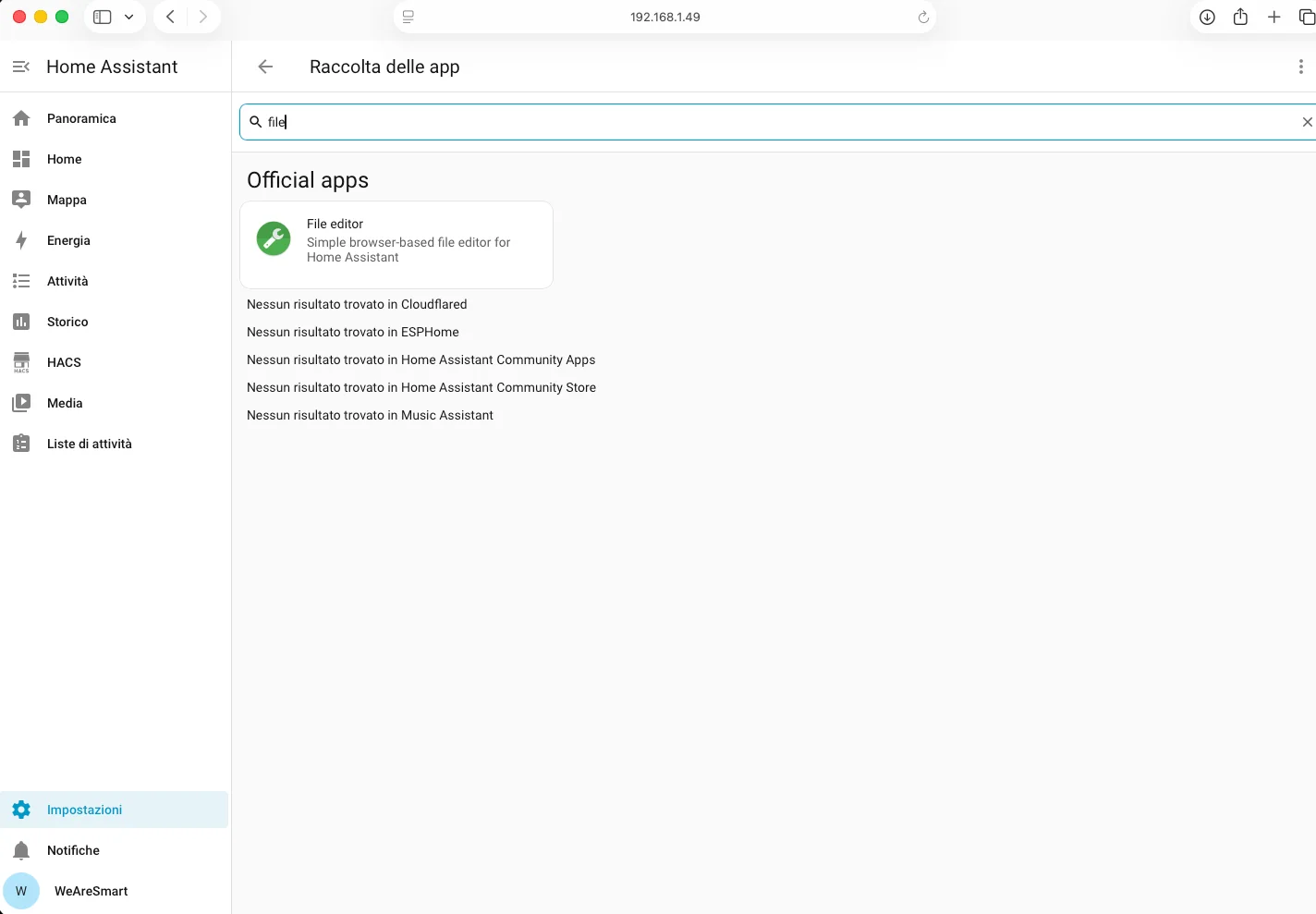 Ricerca di File Editor nello store app di Home Assistant