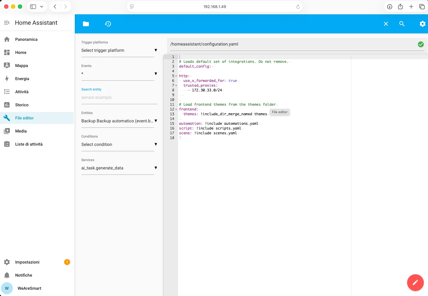 Schermata dell'app File Editor su Home Assistant