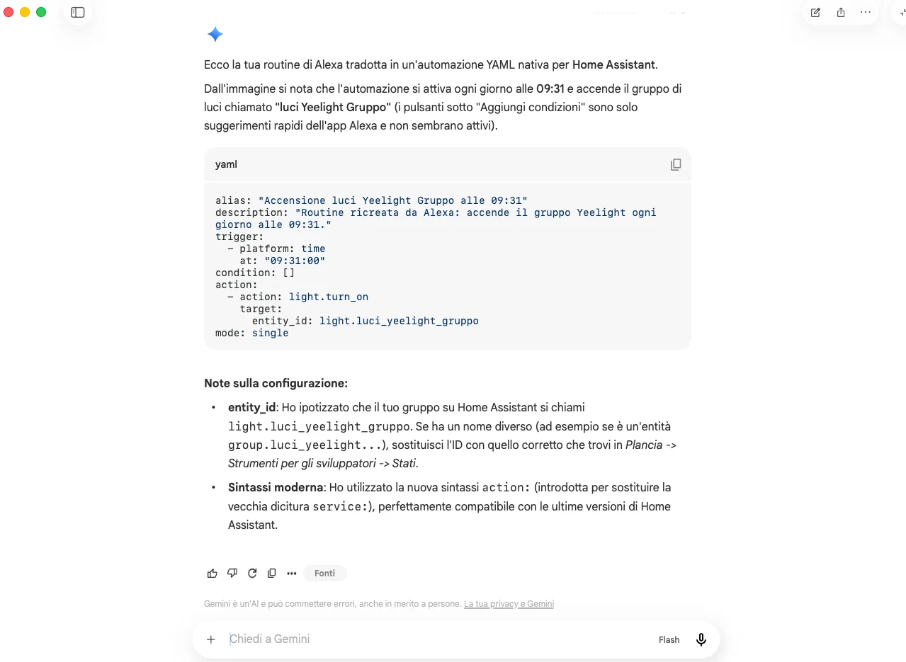 Automazione YAML generata da Gemini per Home Assistant