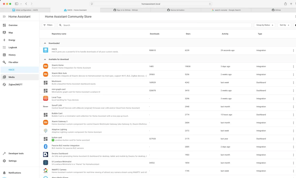 Interfaccia desktop di HACS 2.0 su Home Assistant con tabella componenti e barra di ricerca