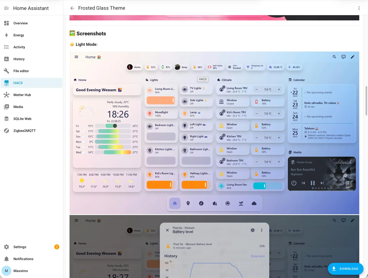 Sezione Frontend di HACS con un tema installato e pronto per l'uso