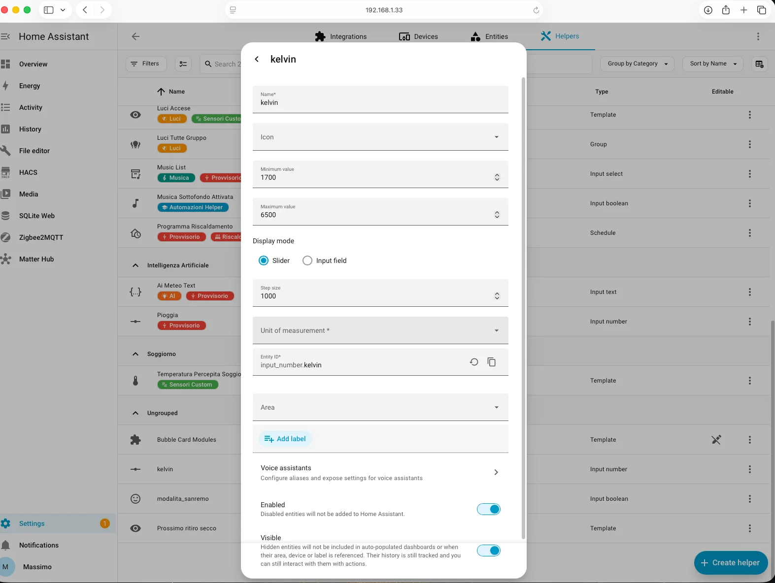 Creazione helper input_number per controllo Kelvin