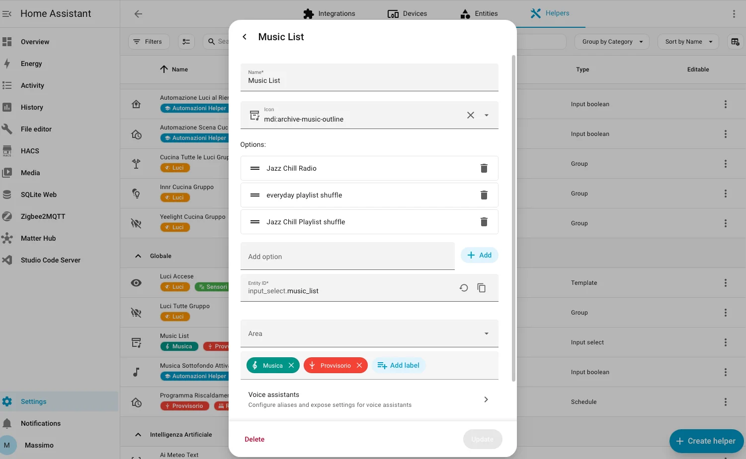 Helper input_select per scegliere la musica da riprodurre sugli altoparlanti Alexa