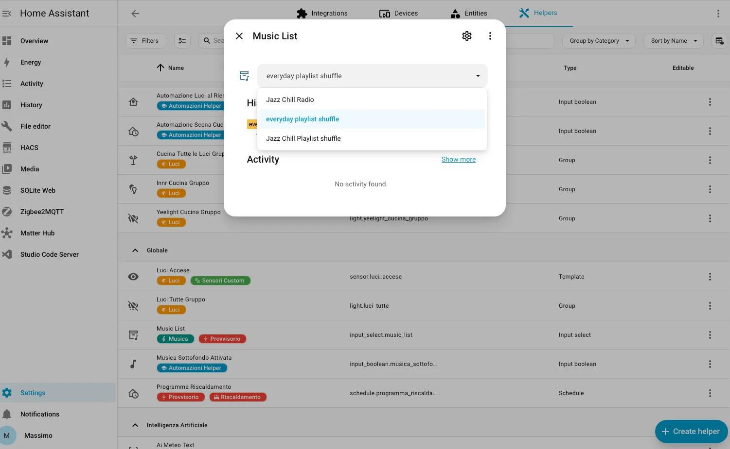 Menu a tendina dell'helper di selezione nella dashboard di Home Assistant